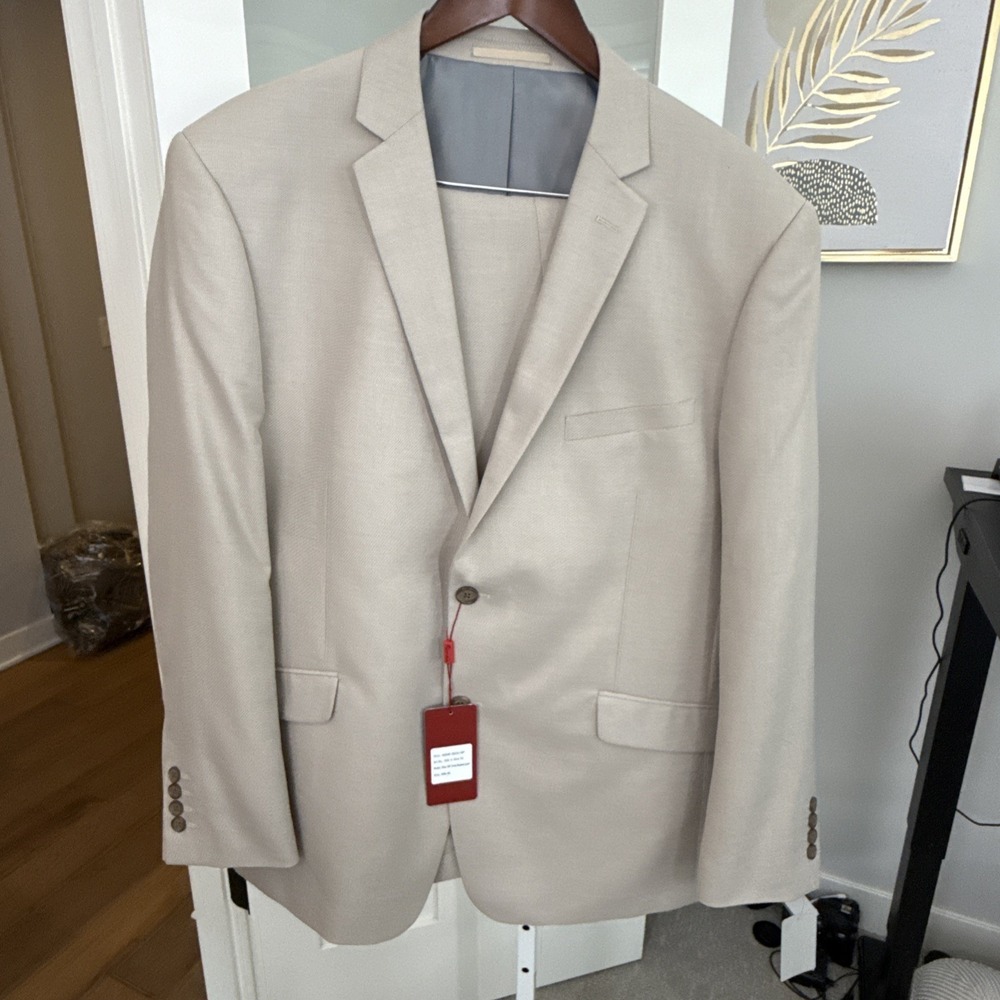 Renoir Men's 46R Slim Fit Tan Cotton Suit 2 Piece Pants 42x36 NWT